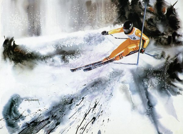 Лыжники акварель