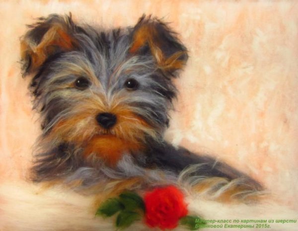 Картина из шерсти собачка