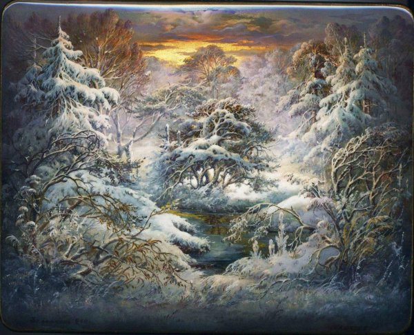 Лаковая миниатюра Федоскино пейзажи зимние