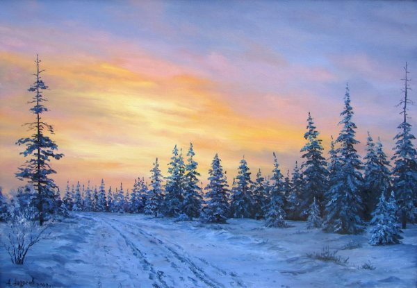 Зимний закат живопись