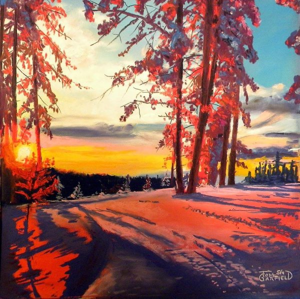 Зимний закат живопись
