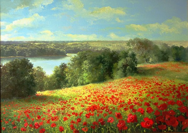 Пейзаж горы акварелью Маковое поле художник