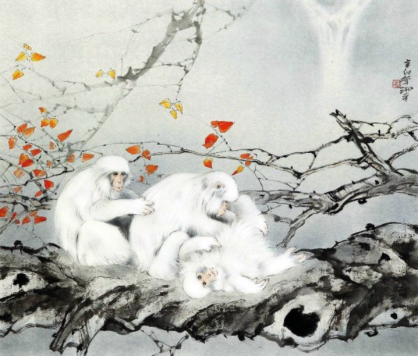 Китайская живопись гунби обезьяна