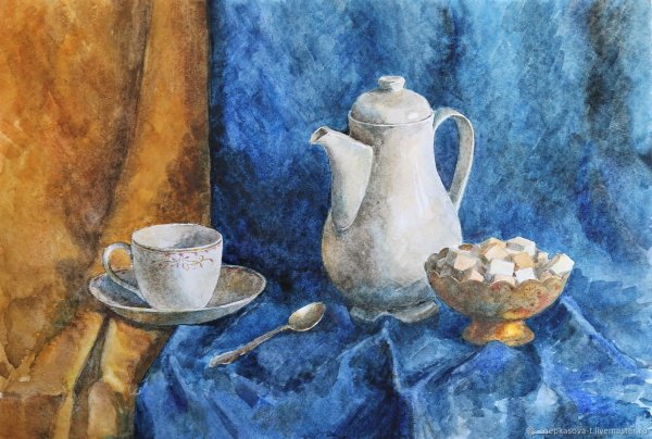 Натюрморт с белым предметом акварель