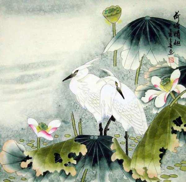 Белая цапля китайская живопись