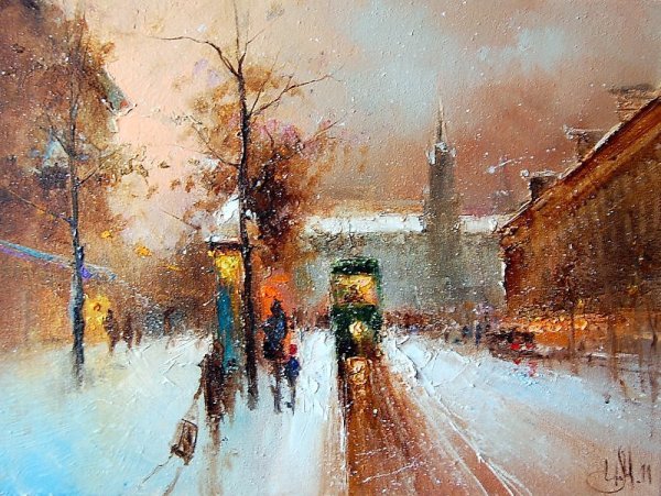 Первый снег в городе живопись