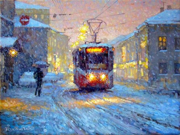 Снегопад в городе живопись