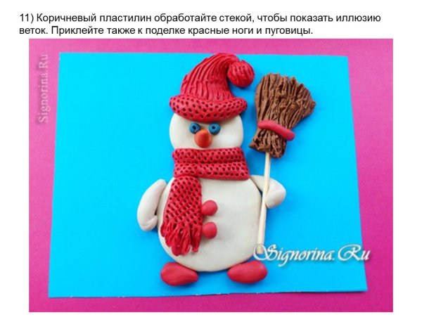 Поделка Снеговик из пластилина на картоне