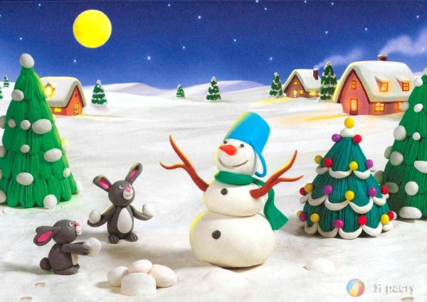 Плоскостная лепка Снеговик из пластилина