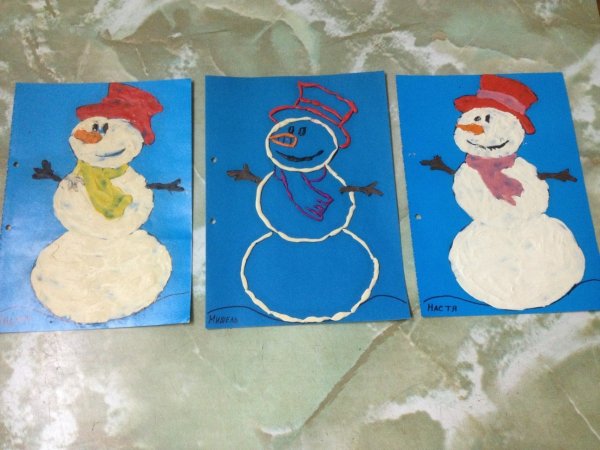 Аппликация пластилином Снеговик