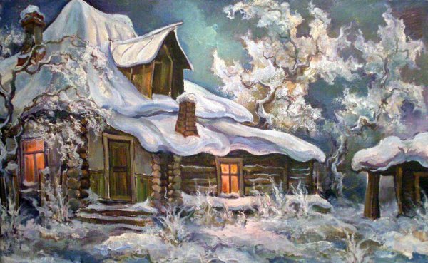 Современная живопись домик зимой