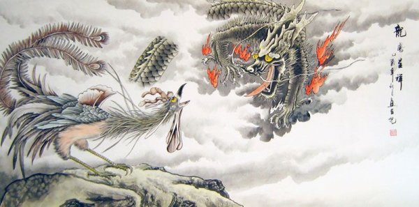 Китайская живопись птица Феникс и дракон