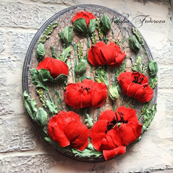 Панно с маками из холодного фарфора