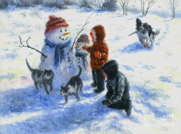 Картина дети лепят снеговика