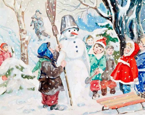 Картина дети лепят снеговика