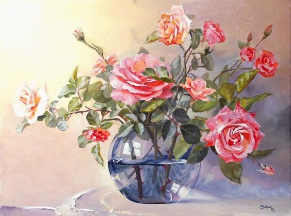 Розы в стеклянной вазе картина