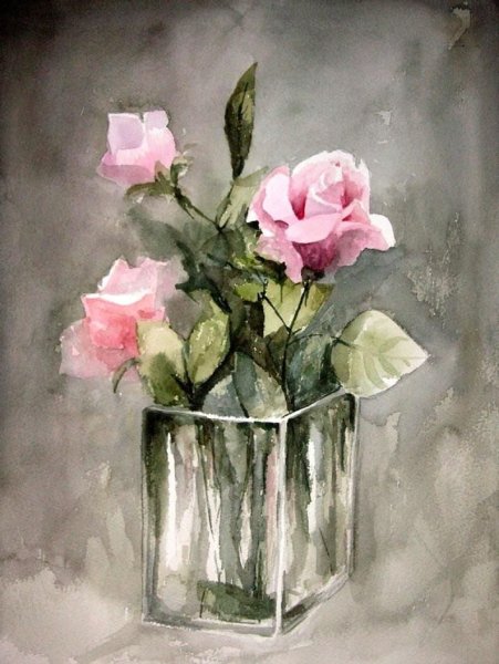 Цветы в вазе акварелью