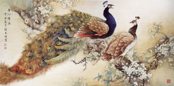 Китайская живопись гунби фазаны с павлинами