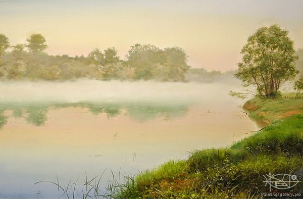 Туман на реке живопись