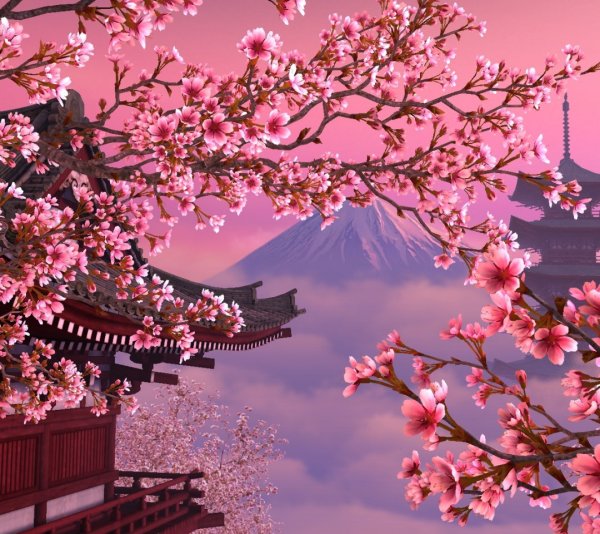 Япония пагоды и Цветущая Сакура