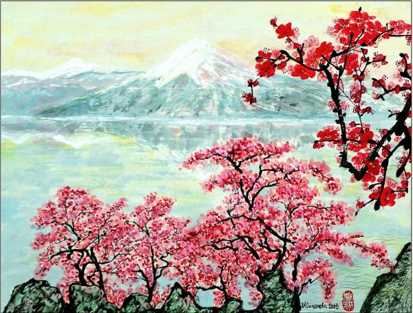 Япония акварелью солнце Сакура Фудзи