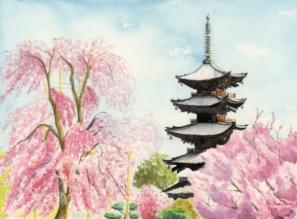 Японская живопись пейзаж Сакура