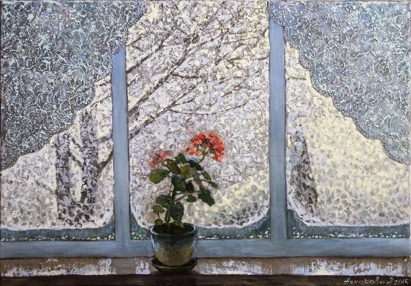 Герань на окне зимой живопись