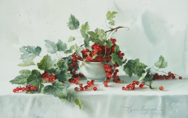 Красная смородина акварель Елена Базанова