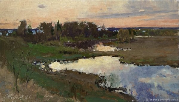 Река вечерняя маслом картина