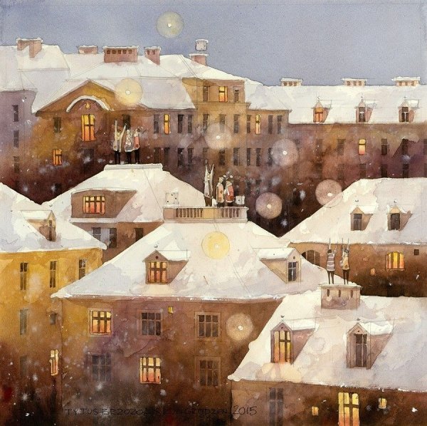 Крыши домов живопись