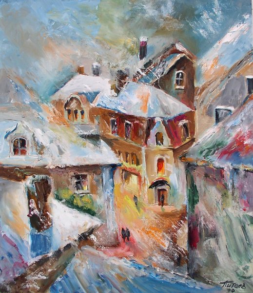 Зимний городской пейзаж маслом