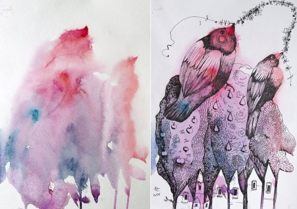 Акварель с гелевой ручкой