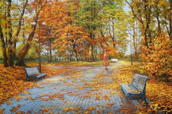 Акварельный пейзаж деревья парк мост река