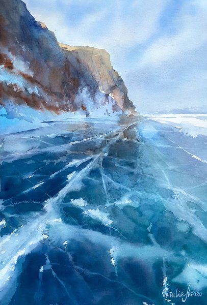 Байкал лед акварель