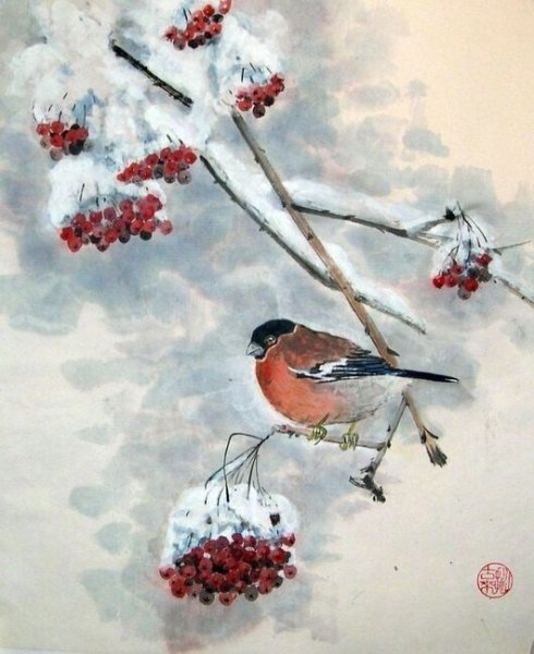 Рябина в снегу акварель