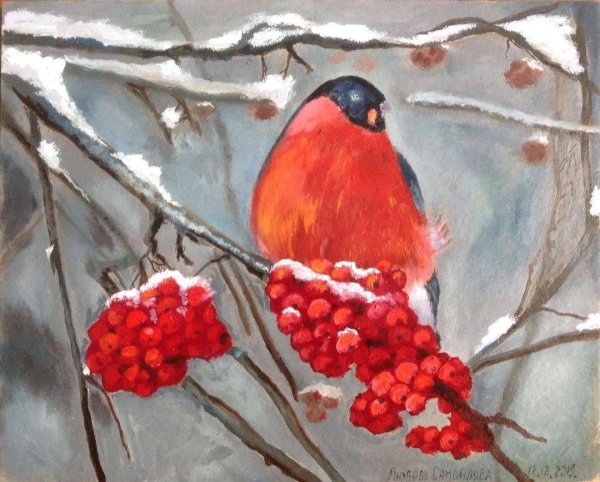 Рябина в снегу гуашью