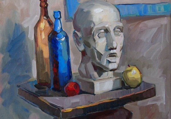 Натюрморт гуашью с гипсовой головой Нефертити