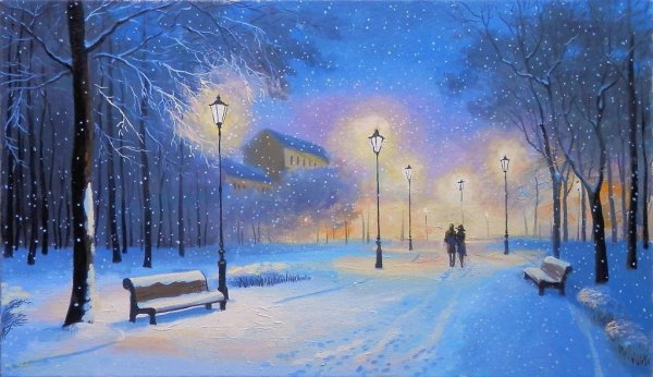 Зима в парке живопись