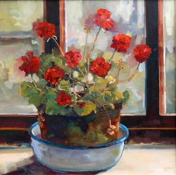 Герань на подоконнике живопись