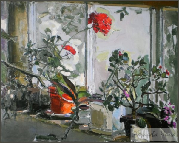 Цветы на зимнем окне живопись