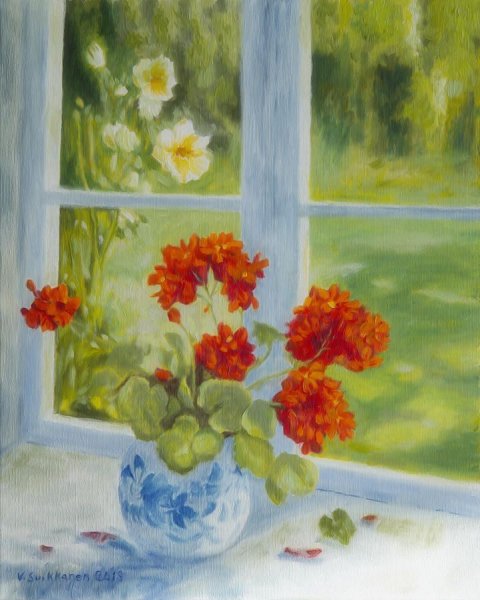 Цветы на окне живопись