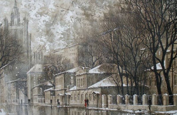 Живопись город в снегу