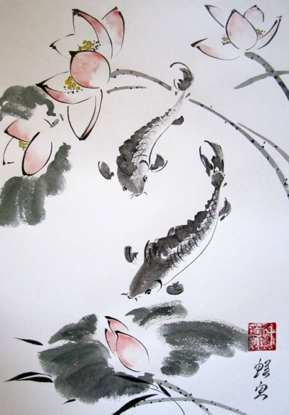 Китайская живопись гохуа карпы