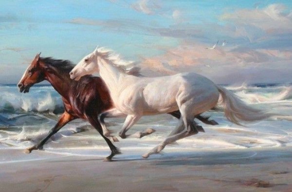 Картины. Кони бегущие по морскому берегу