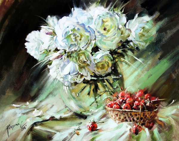 Белые розы живопись маслом