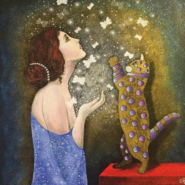 Человек и кошка живопись