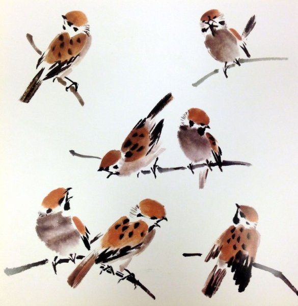 Китайская живопись рисунок воробья