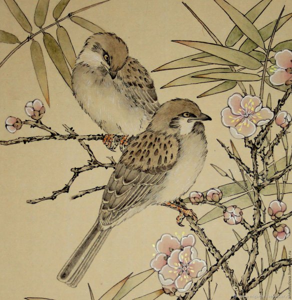 Китайская живопись воробьи на ветке