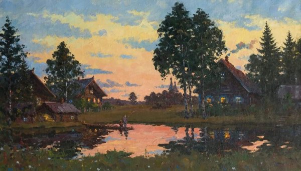 Зимний вечер в деревне художник Басов Сергей