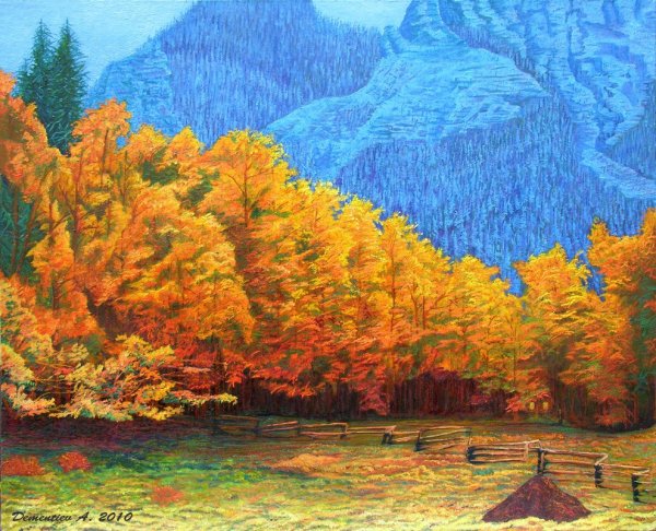 Осенний лес и горы маслом